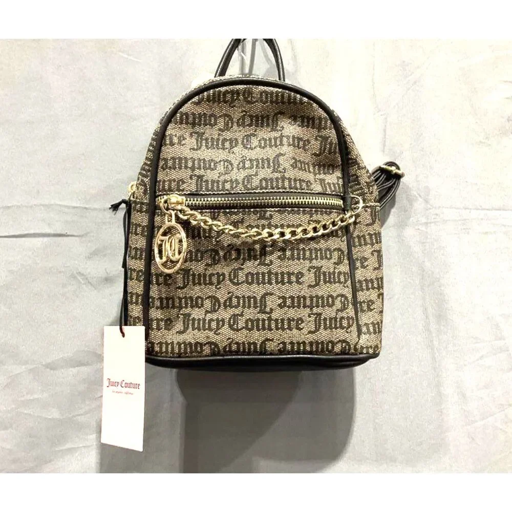 NWT Juicy Couture Gothic Logo Signature Print Mini Backpack Purse Brown Khaki